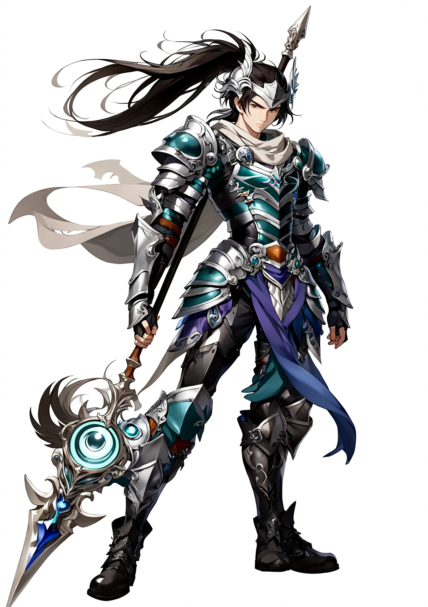 solo, long hair, simple background, black hair, 1boy, white background, holding, standing, full body, ponytail, weapon, male focus, boots, helmet,scarf, holding weapon, armor, polearm, staff, shoulder armor, pauldrons
