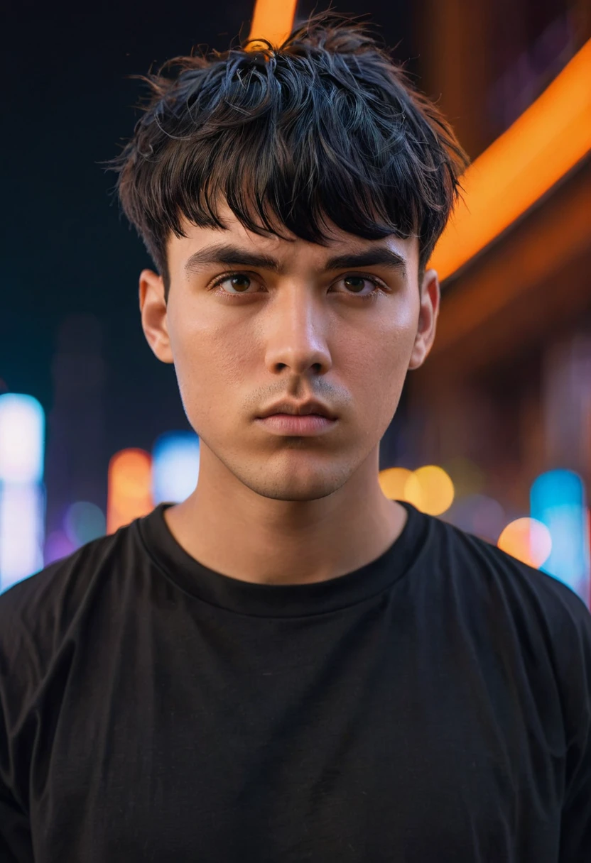 portrait closeup, low angle shot, of a young man with short black hair and messy bangs, serious expression, Oval face, dressed in an oversized black t-shirt, detailed portrait, futuristic city background with orange neon lights, cinematographic lights