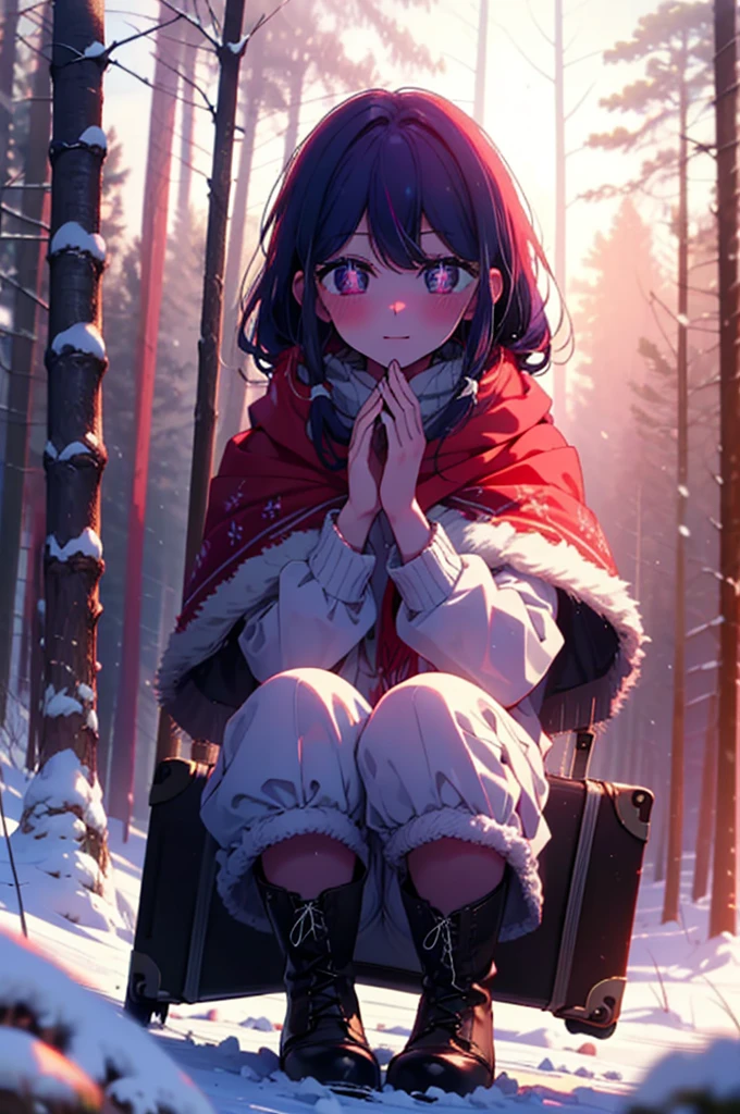 aihoshino, Ai Hoshino, Long Hair, bangs, (Purple eyes:1.1), Purple Hair, (Symbol-shaped pupil:1.5), smile,,smile,blush,White Breath,
Open your mouth,snow,Ground bonfire, Outdoor, boots, snowing, From the side, wood, suitcase, Cape, Blurred, , forest, White handbag, nature,  Squat, Mouth closed, Cape, winter, Written boundary depth, Black shoes, red Cape break looking at viewer, Upper Body, whole body, break Outdoor, forest, nature, break (masterpiece:1.2), Highest quality, High resolution, unity 8k wallpaper, (shape:0.8), (Beautiful and beautiful eyes:1.6), Highly detailed face, Perfect lighting, Highly detailed CG, (Perfect hands, Perfect Anatomy),