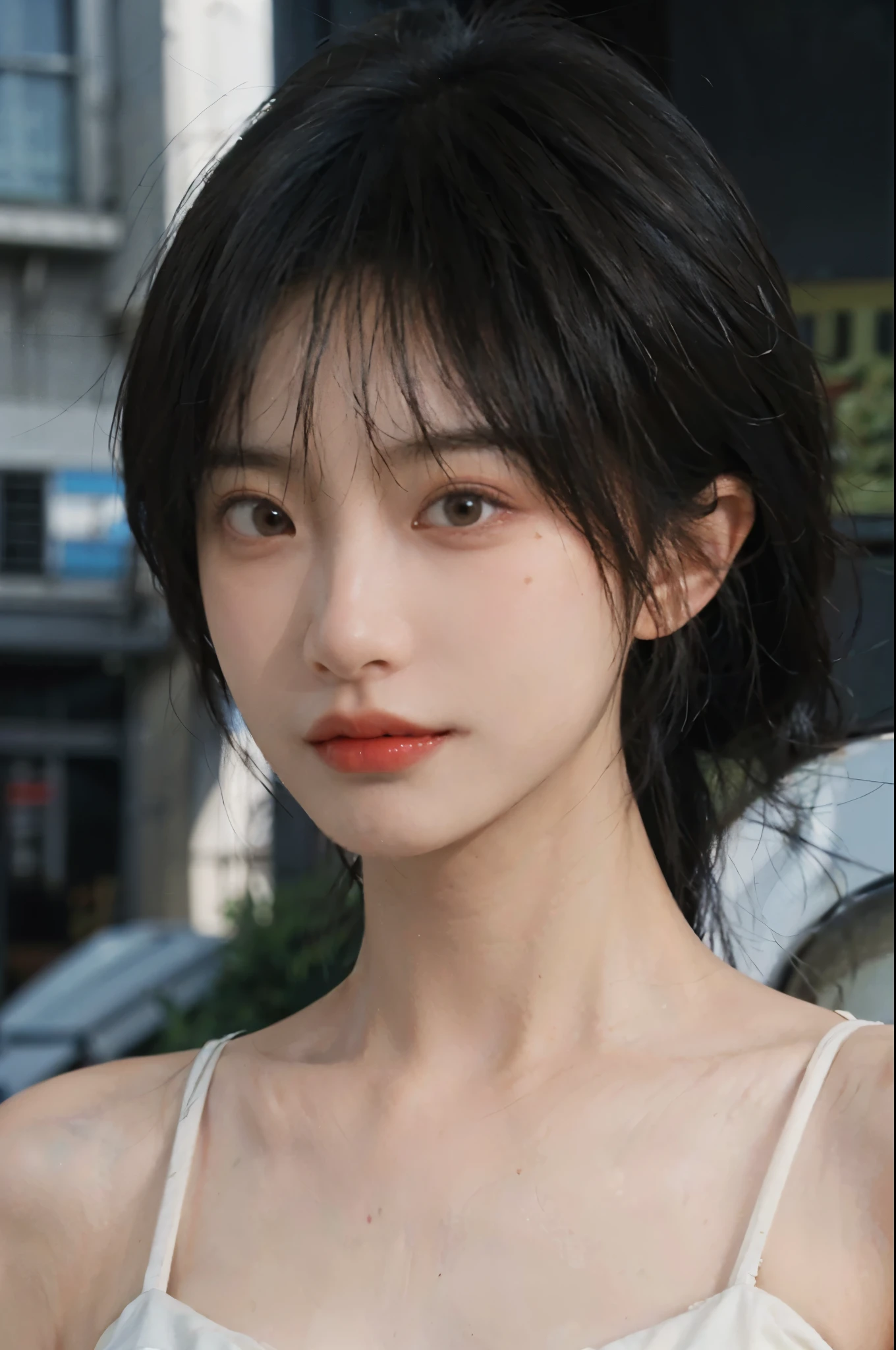 1 girl,model,Upper body,short hair,A faint smile,serene, calm,Moles under the eyes,Exquisite eyes, Delicate face,Lipstick,earrings,Hair details, dress,(Dress conservatively:1.3)(Large Breasts:1.2),outdoor,background,城市background,(Skin details:1.4),(Realistic and detailed eyes:1.2), Natural skin texture, Realistic facial details,Close-up of face,Portrait Photography,(Portrait Photography:1.1), (smooth skin textures:1.3), (Highest quality real skin textures:1.4), Direct vision,Soft dramatic lighting, Vivid details, 35 mm film, (Photo Practical:1.4), (hyper Practical:1.4), (Practical:1.3), (Smoother lighting:1.05), (Improve lighting quality:0.9), (Enhance the beauty of skin texture:1.1), Depth of Field, Bokeh, Surrealism, Ray Tracing, ( Surrealism, High Detail, Chiaroscuro, Ray Tracing, reflected light, Ultra HD, Ultra HD, masterpiece, Textured Skin, Super Detail, High Detail, high quality, best quality