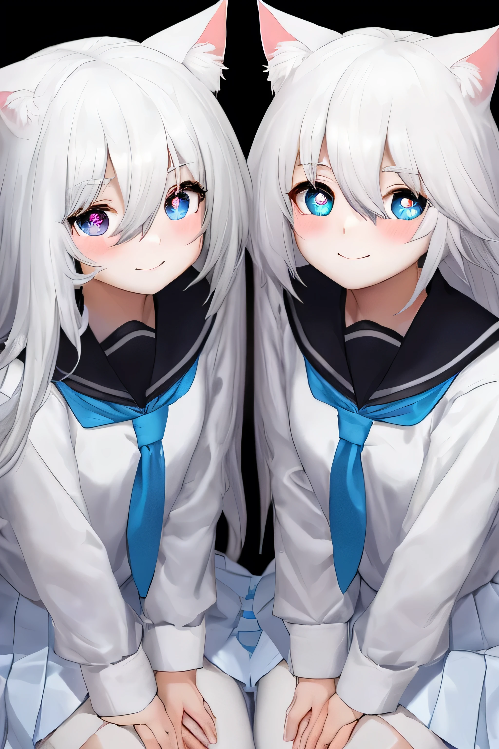 {{{{hair flaps}}}}, rating:safe, smile, {{{{2 twin girls}}}}, white hair, long hair, small white cat ears, hair between eyes, {{{{blue eyes}}}}, blush, looking at viewer, eyebrows visible through hair, {{{{all white school uniform long sleeves}}}}, blue tie, white skirt, black shoes, simple background, white background, closed mouth, bangs, portrait, shiny, symbol-shaped pupils, crossed bangs, purple eyes, medium breasts, {{{{18 year olds}}}}