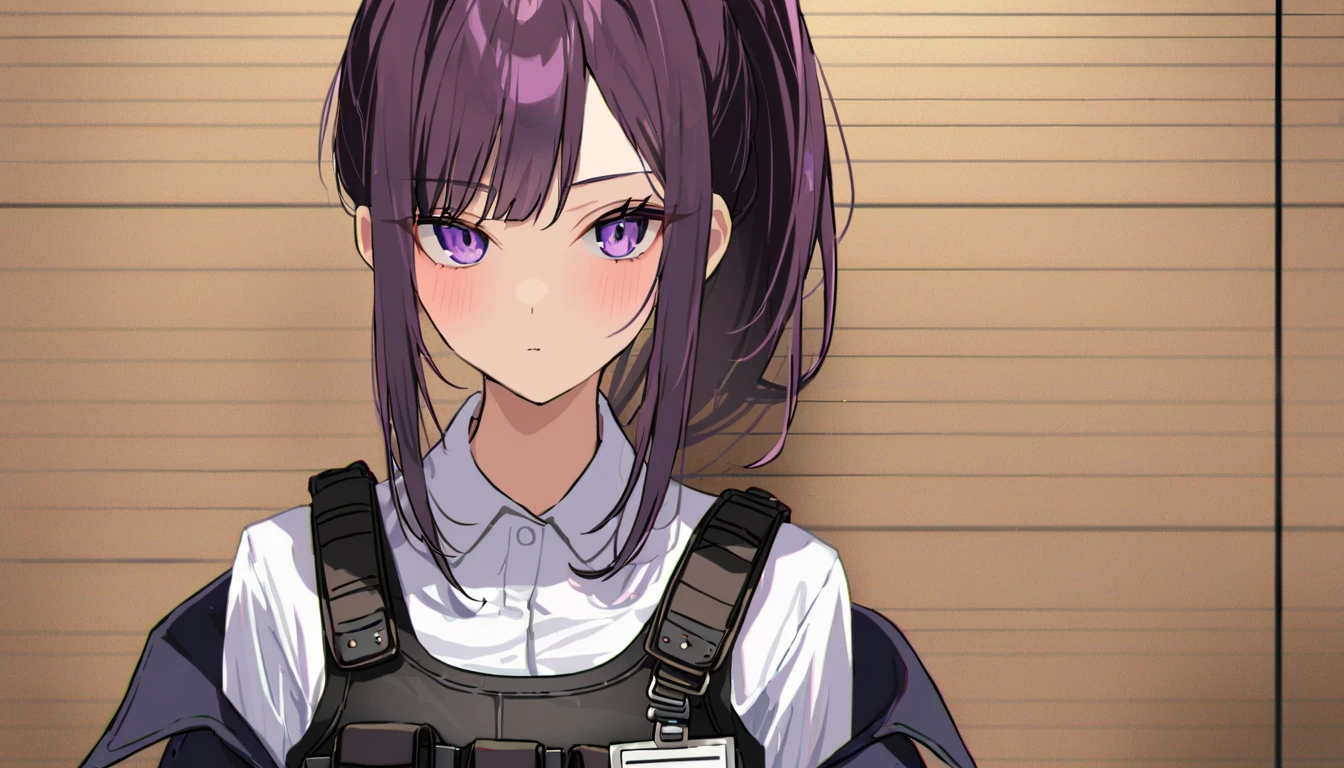 One girl, Dark hair with purple strands, Ponytail, purple eyes, black outfit,wearing bulletproof vest,background white, mugshot,id,id card, looking at camera,standing upright,no weird pose,no tilted head,no tilt, head rotate straight at camera, masterclass,refined,masterpiece,8k,sharp,clean.