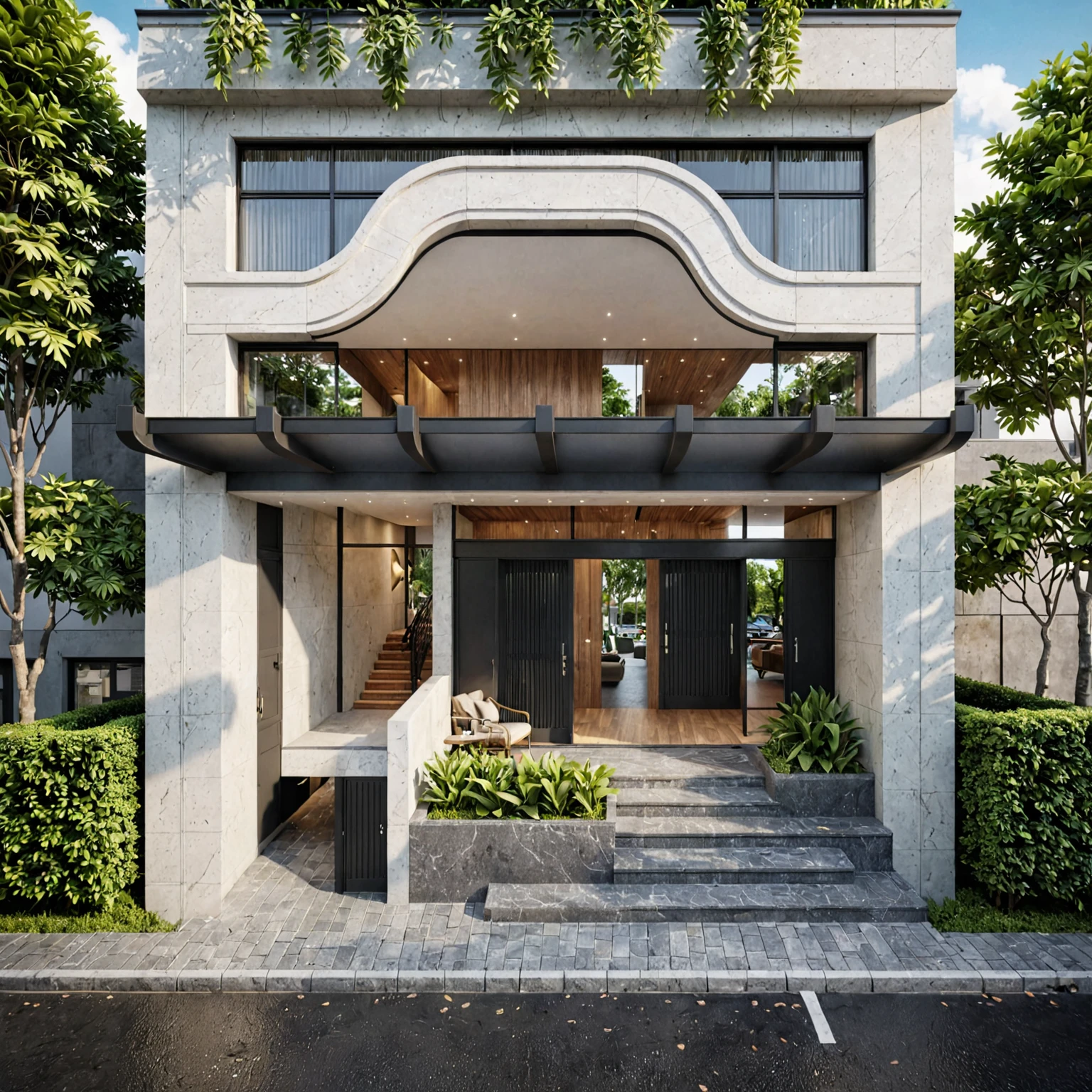 Raw photo, Masterpiece, high quality, best quality, authentic, super detail
Architecture Indochine style, Exterior, Facade, The entrance to the car tunnel is on the side, decorative molding on the wall, Large glass on the facade,
Front perspective, frontview, orthographic 3d rendering, exterior design, detail render, low angle dimetric rendering, modern lush condo as shopfront, detailed rendering, mid-view, architecture render, 3/4 view from below, pre-rendered, rendered 3d model.
Main entrance with lighted stairs, The main entrance is planted with many trees
Raw Photo, Masterpiece, High quality, Best quality, Authentic photo, Super detail, Daylight, Street after the rain, Black cars pass by on the road, realistic.