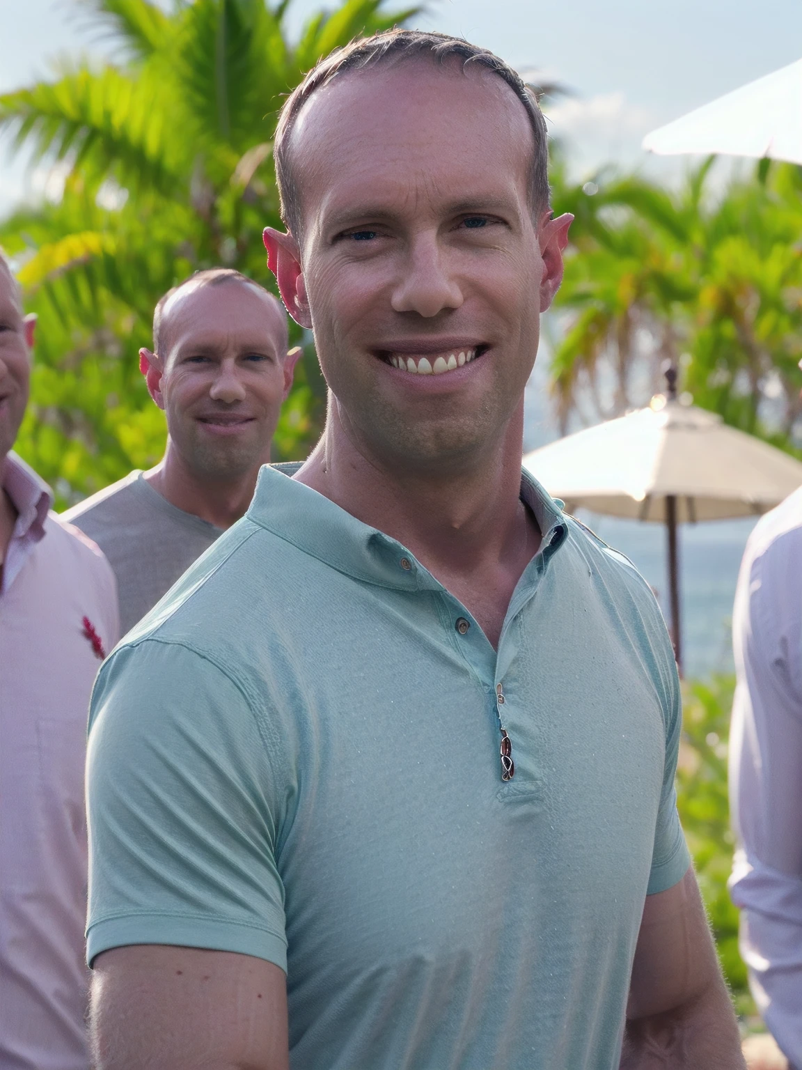 a man, Todder8, Todder1 short hair, perfect skin, RAW, UHD, 8K, looking at camera, on a yacht at sea, vacation photography, island paradise, colorful Hawaiian shirt, photorealistic, dynamic lighting, perfect day, [smiling]