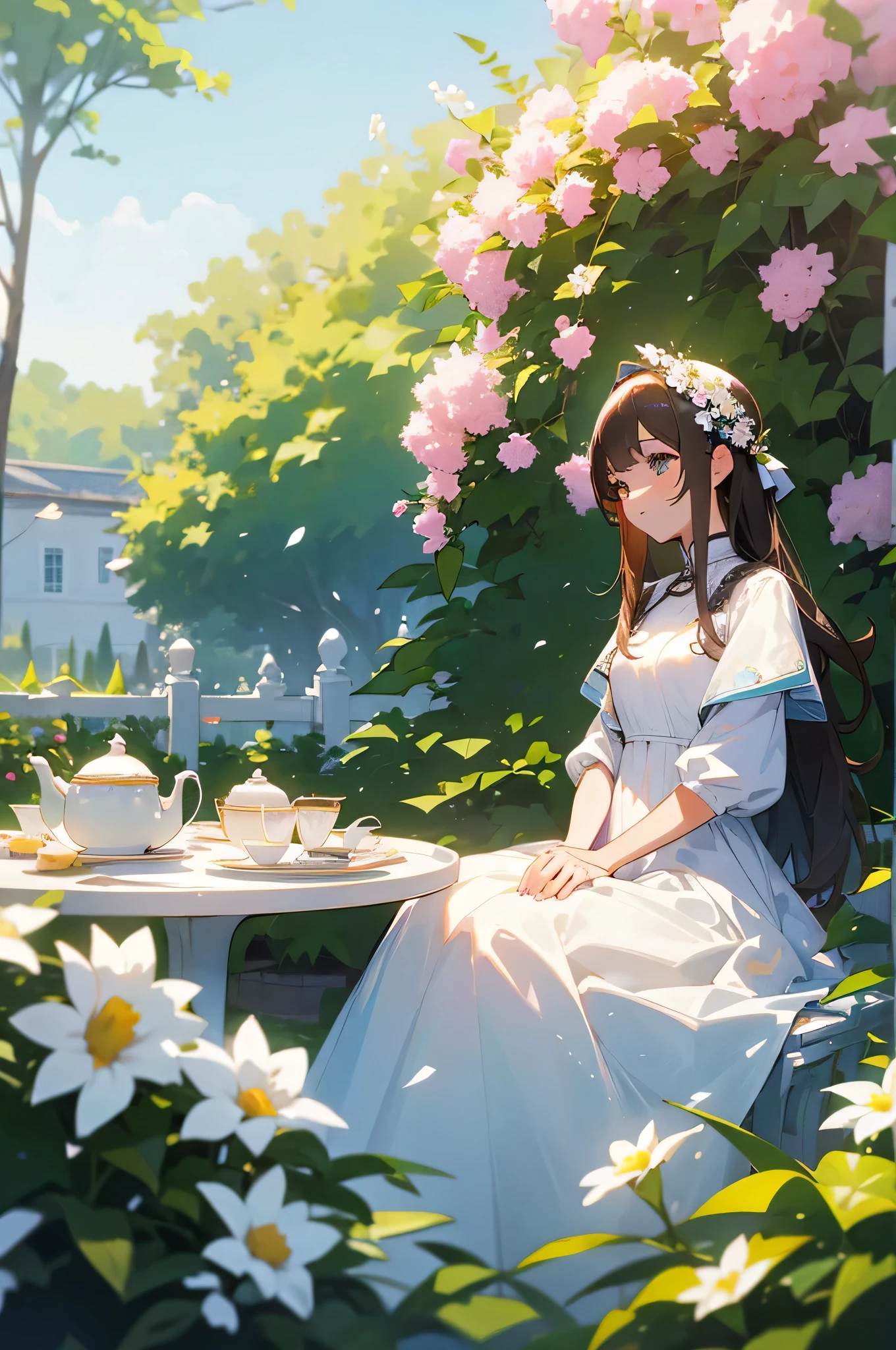 Colored shiny eyes、1 Girl、white dress jacket、In the garden full of flowers、Embarrassing、Sit at the table and enjoy afternoon tea,exterior,Warm Light,sunny,masterpiece,Highest quality,Perfect image quality,Beautiful and kind,High resolution,Enhanced Details