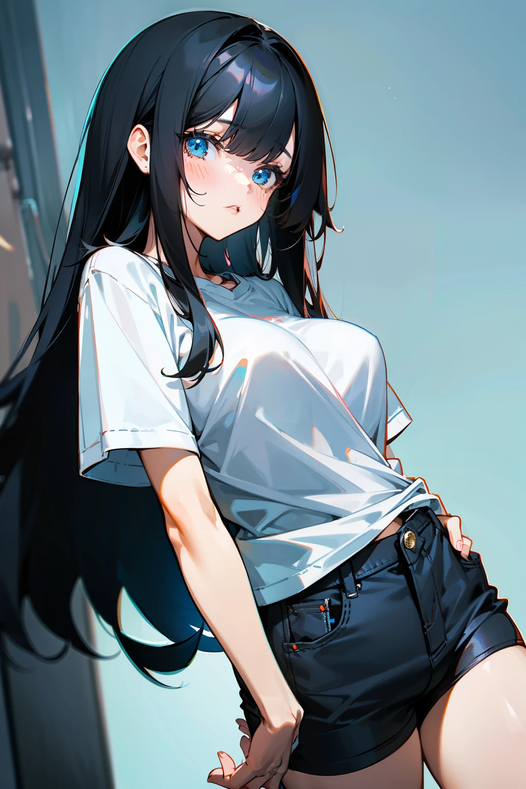 1shot,((perfect anatomy:1.3,realistic:1.3,RAW Photography:1.3,masterpiece、highest quality、Ultra - High resolution、High resolution、Highly detailed CG、8K)),nsfw,cowboy shot,1 female,solo、25 year old beauty,Japanese,((beautiful detailed face and eyes,big gorgeous eyes:1.3,gray eyes)),black hair,long hair,straight hair,blunt bangs,blush,open mouth,((medium breasts, ideal ratio body proportions:1.5,small head:1.6,slender body,skinny)),((sweat:1.6)),(oily skin,gleaming skin,shiny skin),(White business shirt、Denim micro shorts,bukkake,barefoot,black sneaker shoes),spread legs:1.5,High-rise building rooftop、night、In the real night、moonlight,