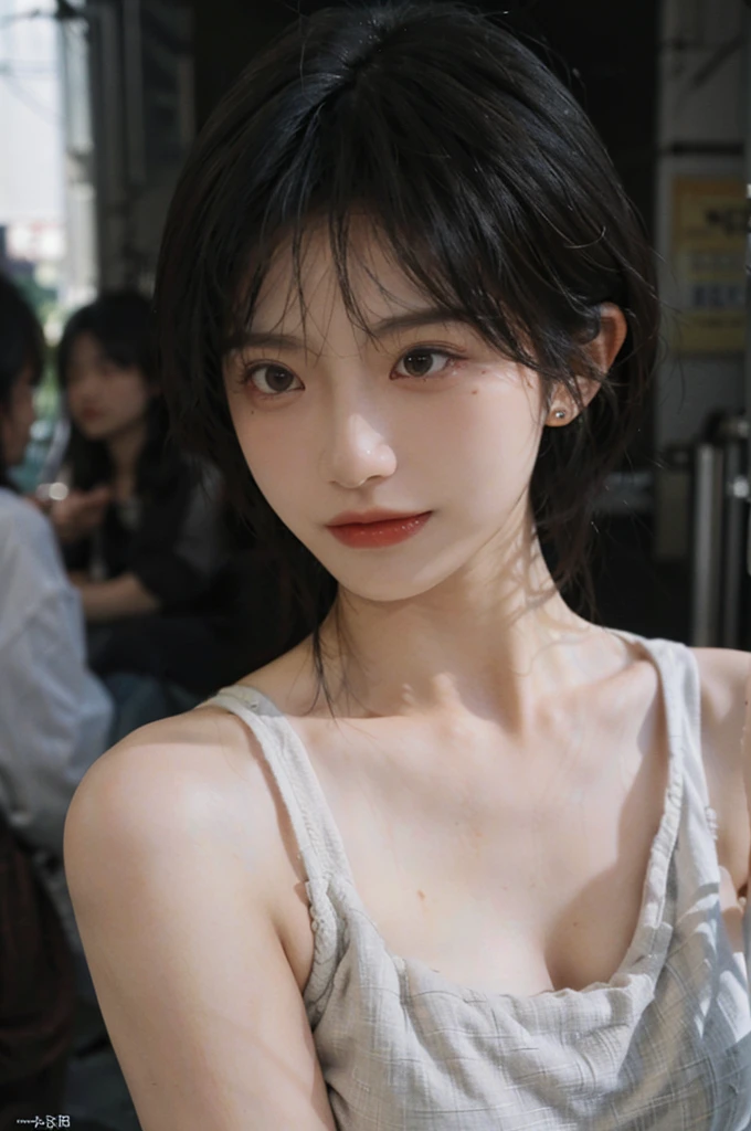 1 girl，model，Upper body，short hair,A faint smile,serene, calm，Moles under the eyes,Exquisite eyes, Delicate face,Lipstick,earrings,Hair details, dress，（Dress conservatively：1.3）(Large Breasts:1.2),outdoor,background,城市background，(Skin details:1.4),(Realistic and detailed eyes：1.2）, Natural skin texture, Realistic facial details,Close-up of face,Portrait Photography,(Portrait Photography:1.1), (smooth skin textures:1.3), (Highest quality real skin textures:1.4), Direct vision,Soft dramatic lighting, Vivid details, 35 mm film, (Photo Practical:1.4), (hyper Practical:1.4), (Practical:1.3), (Smoother lighting:1.05), (Improve lighting quality:0.9), (Enhance the beauty of skin texture:1.1), Depth of Field, Bokeh, Surrealism, Ray Tracing, ( Surrealism, High Detail, Chiaroscuro, Ray Tracing, reflected light, Ultra HD, Ultra HD, masterpiece, Textured Skin, Super Detail, High Detail, high quality, best quality