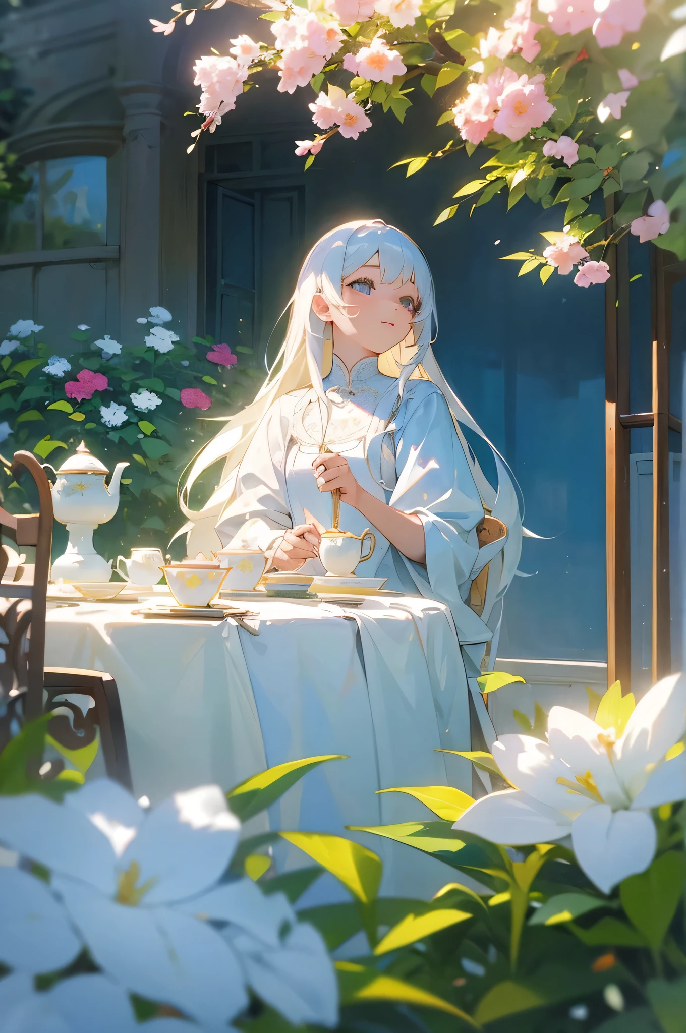 Colored shiny eyes、1 Girl、white dress jacket、In the garden full of flowers、Embarrassing、Sit at the table and enjoy afternoon tea，exterior，Warm Light，sunny，masterpiece，Highest quality，Perfect image quality，Beautiful and kind，High resolution，Enhanced Details