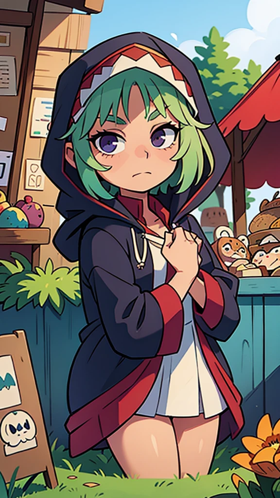 Show Isabella wearing a hooded cloak, her face partially concealed, as she gazes wistfully at the colorful stalls of the market and the lively activities of the villagers.