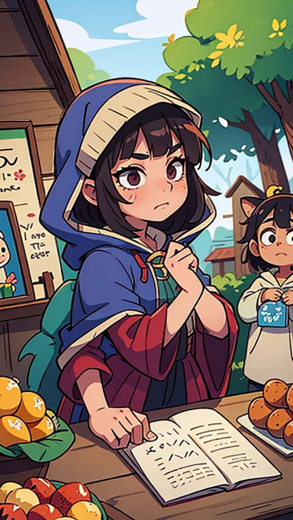 Show Isabella wearing a hooded cloak, her face partially concealed, as she gazes wistfully at the colorful stalls of the market and the lively activities of the villagers.