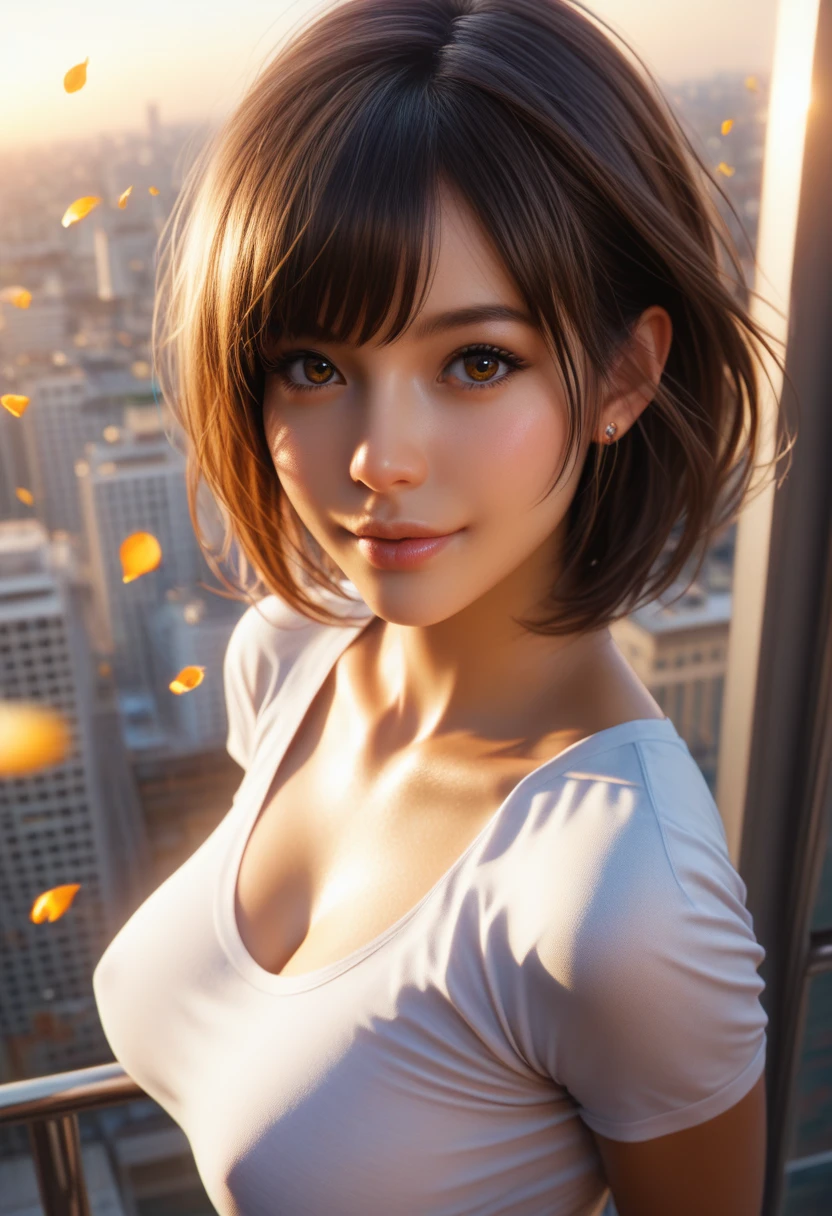 score_9, score_8_above, score_7_above, Front photo of the girl, brown hair with bangs, golden petals on the cheeks, realistic skin texture, brown skin detailed image, whole body, background of a city with bright lights HD32k