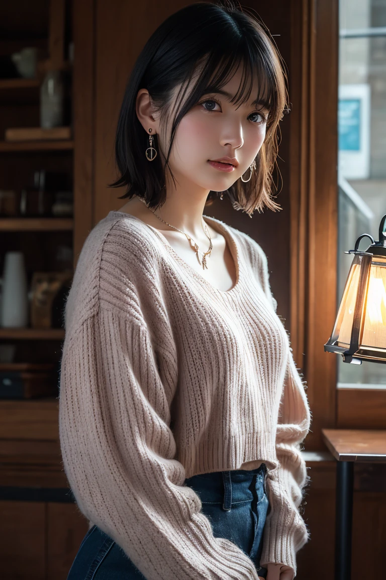 (Highest quality:1.4),(masterpiece:1.4),(Realistic:1.4),(Realistic:1.2),(超High resolution, RAW Photos:1.4),(High resolution, Ultra-detailed:1.2),(8K:1.2),View your viewers,Cinematic photography,One girl,skeletally correct,Black-haired woman,(Small earrings,necklace,Pink summer knitwear,View from the front),(Western-style building interior,Dimly lit room,The lamplight shines on my cheeks)