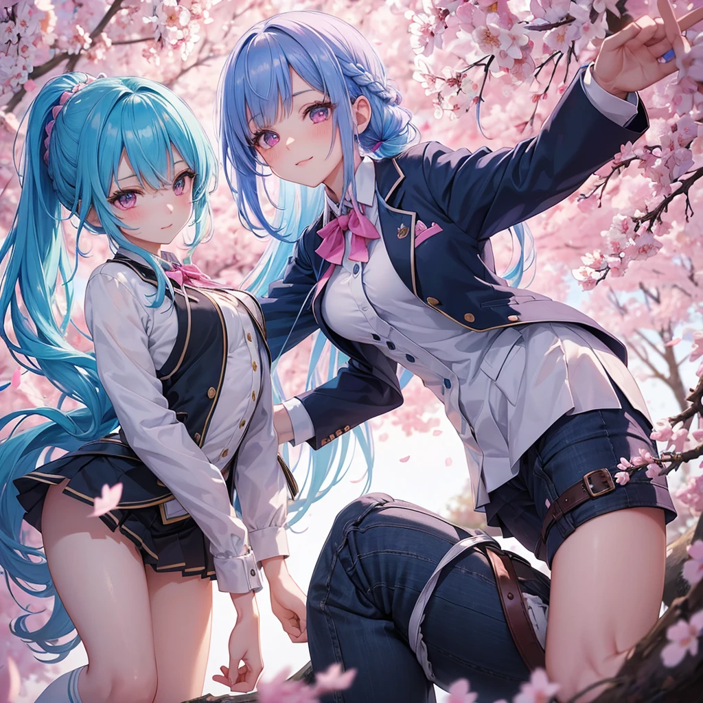 Sky blue hair, (Braided Ponytail),(Pink Eyes),Fair skin ,whole body,(1 Girl),Smile,spring, cherry blossoms, Knee-high socks for school, blazer, Straight bangs,(masterpiece, Highest quality, Super detailed, Best Shadow), (Detailed Background), (Beautifully detailed face), High Contrast, (Best lighting, Very delicate and beautiful), ((Cinematic Light)), colorful, Hyper Detail, Dramatic Light, Intricate details,sunshine,Leaning forward,