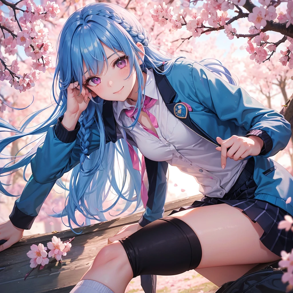 Sky blue hair, (Braided Ponytail),(Pink Eyes),Fair skin ,whole body,(1 Girl),Smile,spring, cherry blossoms, Knee-high socks for school, blazer, Straight bangs,(masterpiece, Highest quality, Super detailed, Best Shadow), (Detailed Background), (Beautifully detailed face), High Contrast, (Best lighting, Very delicate and beautiful), ((Cinematic Light)), colorful, Hyper Detail, Dramatic Light, Intricate details,sunshine,Leaning forward,