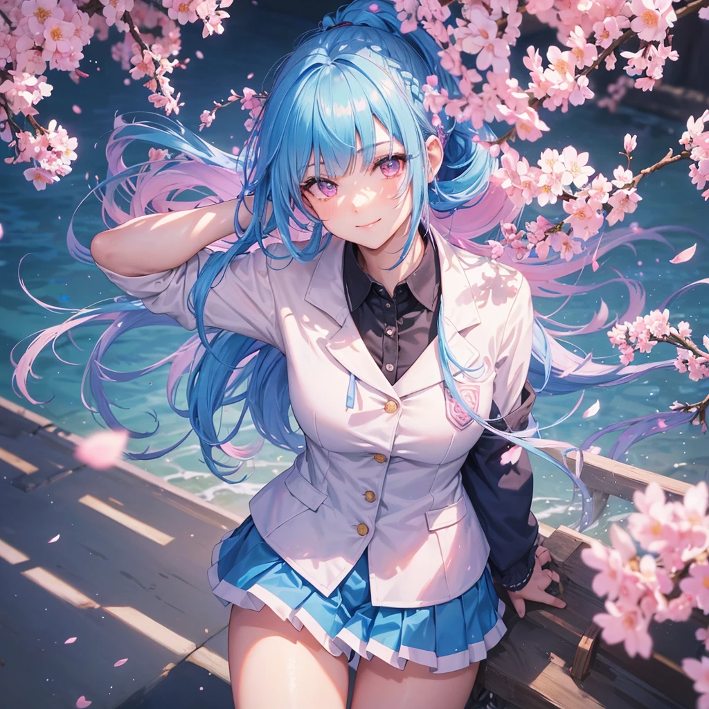 Sky blue hair, (Braided Ponytail),(Pink Eyes),Fair skin ,whole body,(1 Girl),Smile,spring, cherry blossoms, Knee-high socks for school, blazer, Straight bangs,(masterpiece, Highest quality, Super detailed, Best Shadow), (Detailed Background), (Beautifully detailed face), High Contrast, (Best lighting, Very delicate and beautiful), ((Cinematic Light)), colorful, Hyper Detail, Dramatic Light, Intricate details,sunshine,Leaning forward,