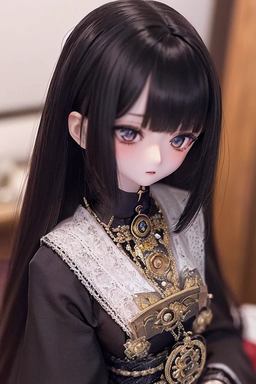 photorealistic, realistic photo, ((highest quality)), ((masterpiece)), ((extremely detailed)), kukolnydom, doll, (mature woman:2), solo, ((from front, seiza, skinny, slender, slim, black kimono, obi, obidome, hair ornament)), green eyes, parted lips, (black hair, long hair, looking at another, almond eyes, blank eyes, empty eyes, detailed eyes, detailed clothes:1.3), Japanese room, 8k