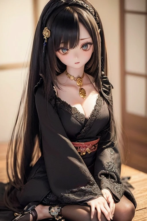 photorealistic, realistic photo, ((highest quality)), ((masterpiece)), ((extremely detailed)), kukolnydom, doll, (mature woman:2), solo, ((from front, seiza, skinny, slender, slim, black kimono, obi, obidome, hair ornament)), green eyes, parted lips, (black hair, long hair, looking at another, almond eyes, blank eyes, empty eyes, detailed eyes, detailed clothes:1.3), Japanese room, 8k