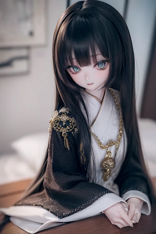 photorealistic, realistic photo, ((highest quality)), ((masterpiece)), ((extremely detailed)), kukolnydom, doll, (mature woman:2), solo, ((from front, seiza, skinny, slender, slim, black kimono, obi, obidome, hair ornament)), green eyes, parted lips, (black hair, long hair, looking at another, almond eyes, blank eyes, empty eyes, detailed eyes, detailed clothes:1.3), Japanese room, 8k