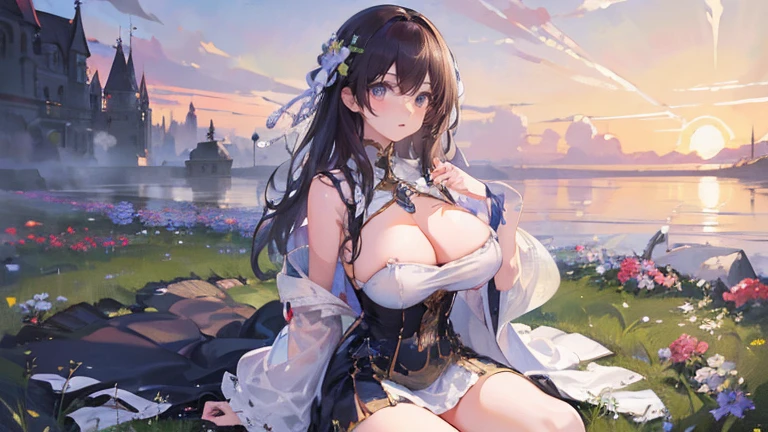 (highest quallity、high resolution、work of art)、(Art Anime 4K)、(photorrealistic)、((beautiful landscape photography))、((Beautiful sensual girl with big breasts, close up))、(perfectbody) cinema lighting、ray tracing、smooth light、Celtic landscape on a misty morning、Create a magical scene in a misty meadow on a calm morning、Draw delicate, blurred strokes、place々flowers bloom、(Sargent style watercolor)、(Edmundo Leighton style)、