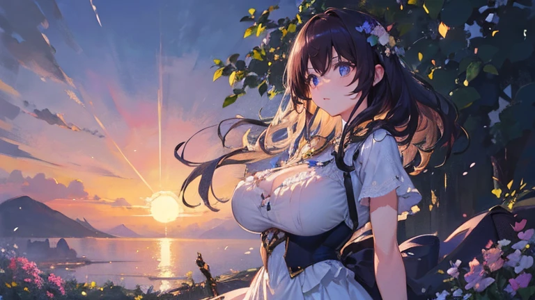 (highest quallity、high resolution、work of art)、(Art Anime 4K)、(photorrealistic)、((beautiful landscape photography))、((Beautiful sensual girl with big breasts, close up))、(perfectbody) cinema lighting、ray tracing、smooth light、Celtic landscape on a misty morning、Create a magical scene in a misty meadow on a calm morning、Draw delicate, blurred strokes、place々flowers bloom、(Sargent style watercolor)、(Edmundo Leighton style)、