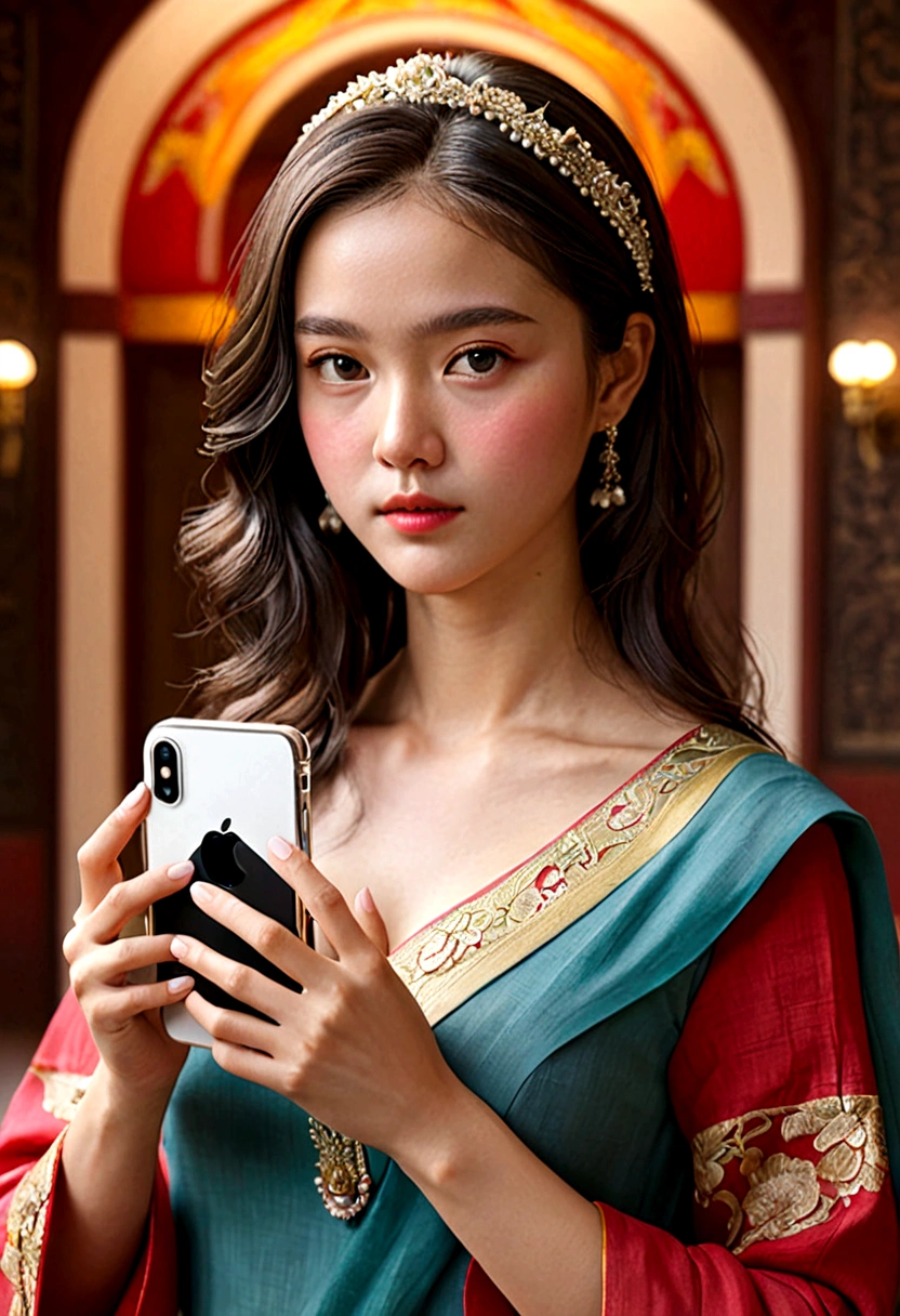 ((Highest quality)), ((masterpiece)), (detailed),girl,hold iPhone,
