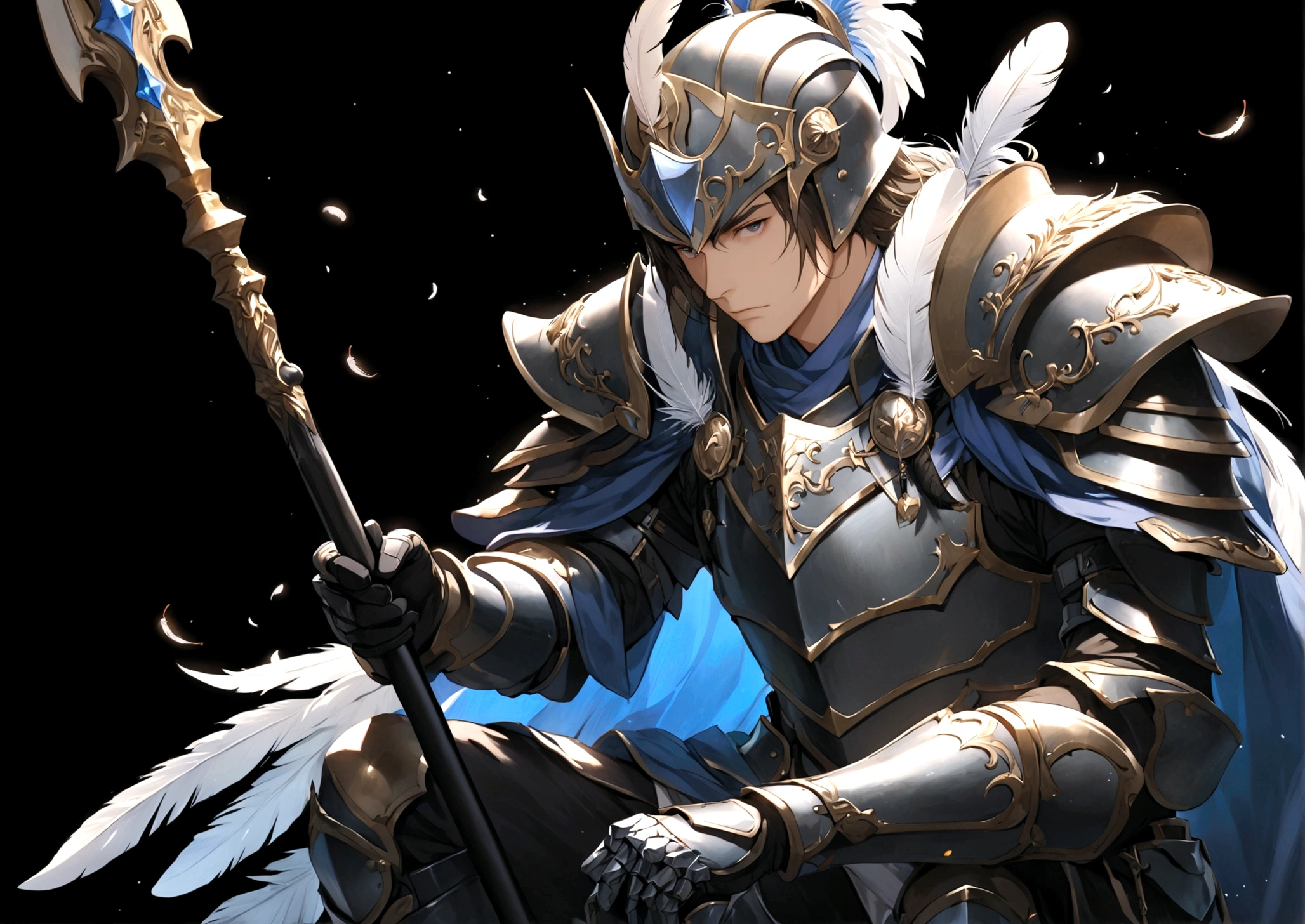 solo, simple background, 1boy, holding, sitting, closed mouth, weapon, male focus, holding weapon, armor, helmet, feathers, polearm, black background, shoulder armor, spear, holding polearm