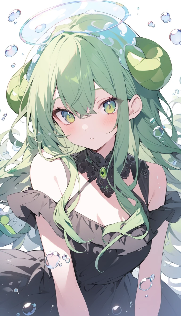 anime lady in green and black dress with bubbles soap bubbles over head, 1girl, solo, monster girl, bubble, looking at viewer, green hair, long hair