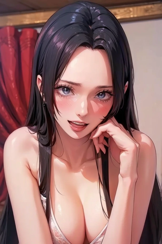 (((masterpiece))), (((best quality))), ((ultra-detailed)), (highly detailed CG illustration), Boa Hancock, (nsfw:1.4), (masterpiece:1.5), Detailed Photo, Smiling, Sexy, (Best Quality: 1.4), (1girl), Beautiful Face, (Black Hair, long Hair: 1.3), Beautiful Hairstyle,  beautiful detail eyes, (realistic skin), beautiful skin, absurd, attractive, ultra high resolution, high definition, (sexually aroused:1.5), Pinkish white skin, cool white light, sexy pose, Beautiful , white background, pink soft white light, Wear a white tank top,