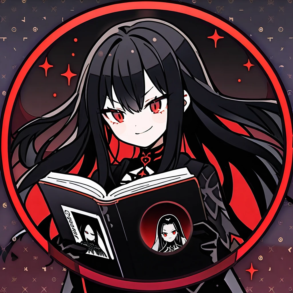 (circle frame1.7),a dark goddess with crimson red eyes and black hair like darkness, holding a small black hole, evil smile, wearing darkness goddess clothing, 1girl,reading book, icon, circle frame,