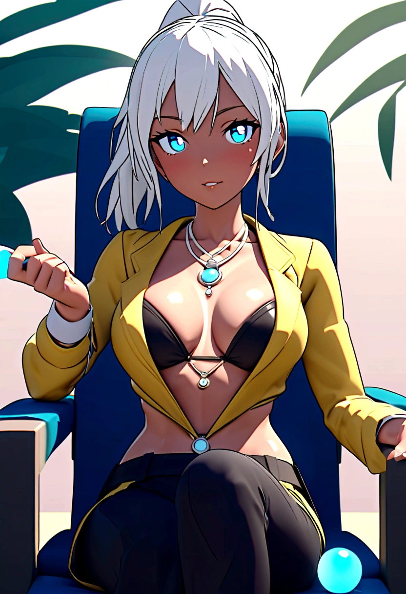 ,Sexy 3D ,4K,with bikini Costume clothes for dark-skinned, medium-muscular woman, short white hair tied in a ponytail, Eyes red, yellow jacket, black cargo pants, in Race: ten mens (with enhanced characteristics Genre: Feminine woman appearance: Dark skin and medium muscular Short white hair spiked up, similar to the style "porcupine hair" eerie glowing red eyes, emanating power Wearing the black jacket characteristic of High-Level Hunters, with gold detailsTight black cargo pants, with black combat boots Accessories: black fingerless gloves, revealing sharp claw marks Magic dagger floating next to his right hand, giving off a slightly bluish aura Lips are smooth or colored, fundo preto Simpler, minimalism, monotonous, paletas de cores Simpler, to clean, sharp designs, fluid silhouettes, skirts and tight pants, high-waisted skirts and pants, vestidos Simpler, shirts and blouses, asymmetric, geometric, Elegant, luxurious materials and designs, Simpler, Minimum accessories, tail((Additional Detail: in the beach setting sitting on a Simpler chair , She is very muscular, Simpler, long breasts, Lumiere, Simpler,Simpler smile details Simpler qualification in details beautiful Simpler round Iris ball ,.(( Additional eye details :forma: Eye shapes vary greatly, but generally have rounded and curvy contours. This softness contributes to the overall aesthetics of the "cuteness" and young people often associated with anime.
Iris: Iris colors are vibrant and varied, ranging from natural tones like brown and blue to fantasy colors like pink, green and purple. This variety contributes to the creation of visually appealing and distinct characters...
sheen: Olhos de anime frequentemente apresentam um brilho ou reflexo de Lumiere, which gives them a lively and dynamic appearance. This glow can be used to highLumiere the character'emotion or to draw attention to a specific point in the scene..))