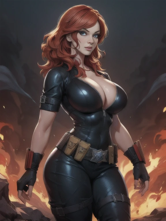 (best quality,4k,8k,highres,masterpiece:1.2),ultra-detailed,(realistic,photorealistic,photo-realistic:1.37), Christina Hendricks portraying the characters of Black Widow from marvel comics in a hyper-realistic masterpiece. High-quality facial research of Christina Hendricks, (Christina's sculpted cheekbones and slight wrinkles around the face), 48 years old, High-quality detailed research of Christina Hendricks voluptuous figure. Sexy,dangerous,beautiful detailed eyes,beautiful detailed lips,longeyelashes,bold and intense gaze, voluptuous figure,skin-tight black leather suit, , utility belt, fingerless gloves, glamorous,confident expression,fierce and powerful stance,mysterious aura,red hair flowing in the wind,Dramatic lighting,high contrast,highly saturated colors,shadows and highlights, 8k wallpaper, smoke and sparks surrounding her, cleavage, buxom and mature