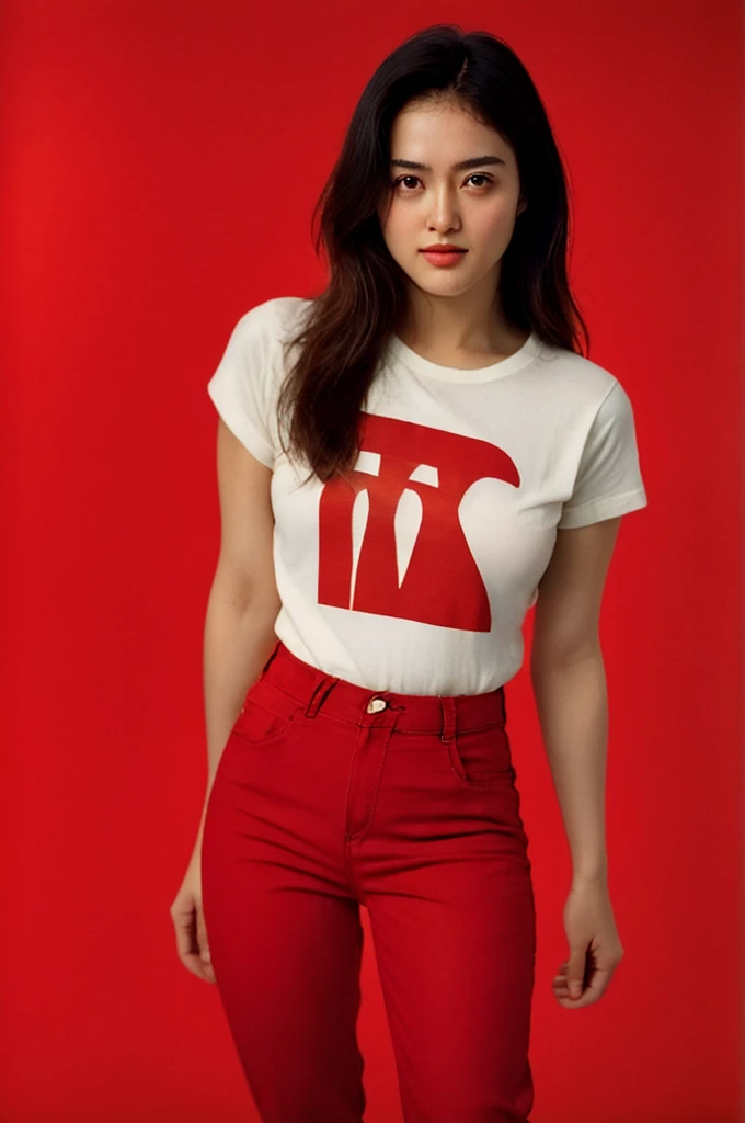 analog film photo solo, gstyle, realistic, ((woman)), (((long hair))), (((happy512))), (((Tapered trousers, t-shirt, and mules.))), ((Simple Light red background:1.5)), ((dynamic pose)), high detailed, 8k, clear facial features, skin zehragunes . faded film, desaturated, 35mm photo, grainy, vignette, vintage, Kodachrome, Lomography, stained, highly detailed, found footage