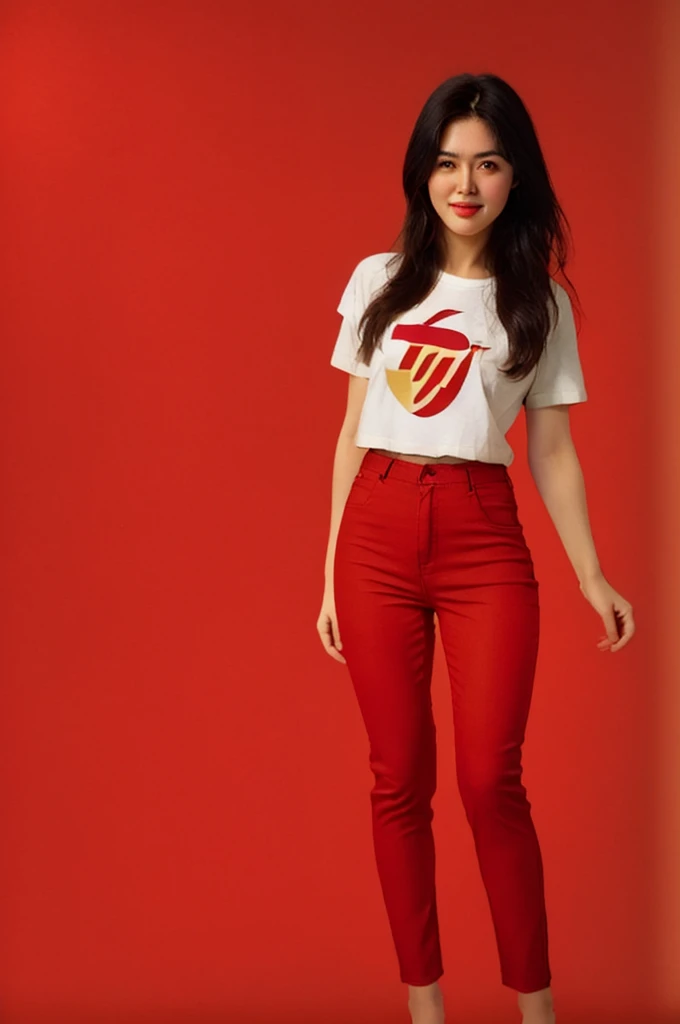 analog film photo solo, gstyle, realistic, ((woman)), (((long hair))), (((happy512))), (((Tapered trousers, t-shirt, and mules.))), ((Simple Light red background:1.5)), ((dynamic pose)), high detailed, 8k, clear facial features, skin zehragunes . faded film, desaturated, 35mm photo, grainy, vignette, vintage, Kodachrome, Lomography, stained, highly detailed, found footage