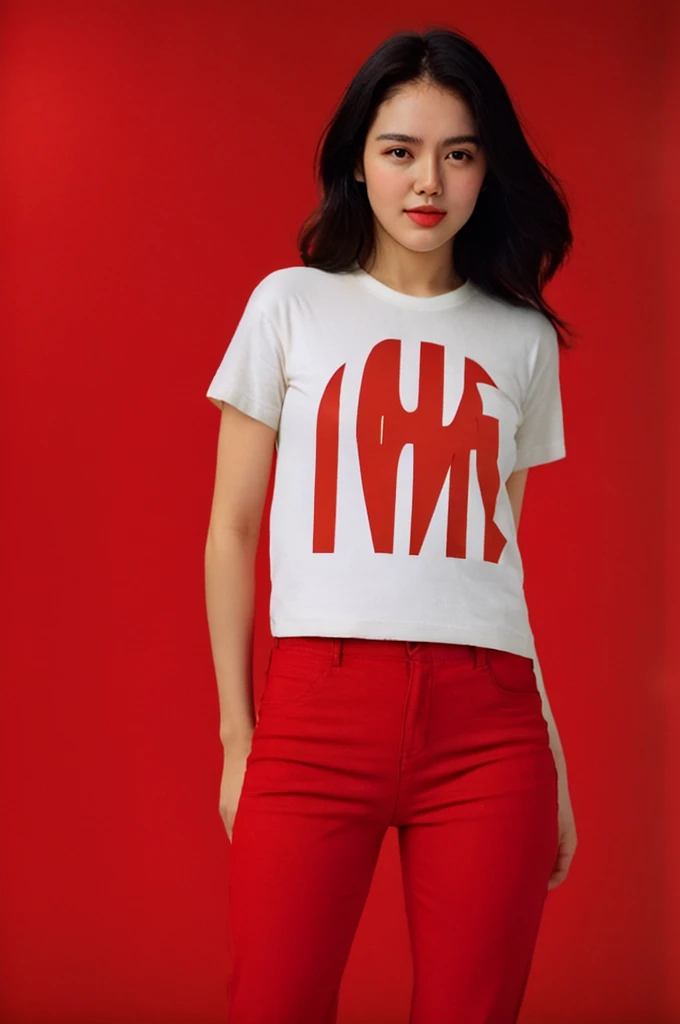 analog film photo solo, gstyle, realistic, ((woman)), (((long hair))), (((happy512))), (((Tapered trousers, t-shirt, and mules.))), ((Simple Light red background:1.5)), ((dynamic pose)), high detailed, 8k, clear facial features, skin zehragunes . faded film, desaturated, 35mm photo, grainy, vignette, vintage, Kodachrome, Lomography, stained, highly detailed, found footage