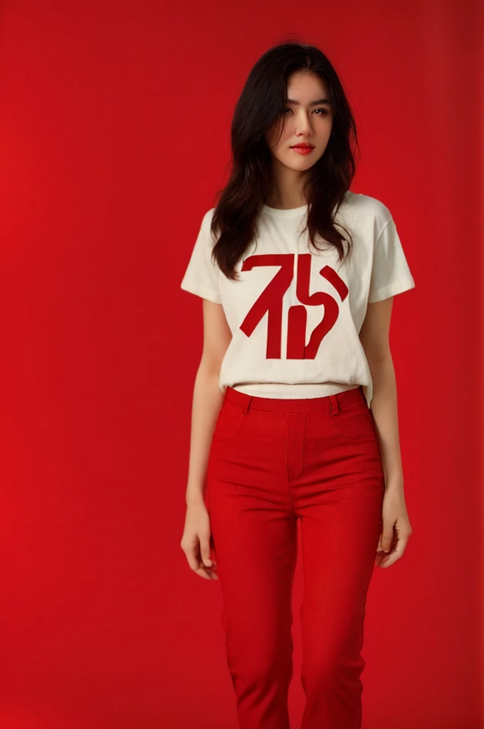 analog film photo solo, gstyle, realistic, ((woman)), (((long hair))), (((happy512))), (((Tapered trousers, t-shirt, and mules.))), ((Simple Light red background:1.5)), ((dynamic pose)), high detailed, 8k, clear facial features, skin zehragunes . faded film, desaturated, 35mm photo, grainy, vignette, vintage, Kodachrome, Lomography, stained, highly detailed, found footage