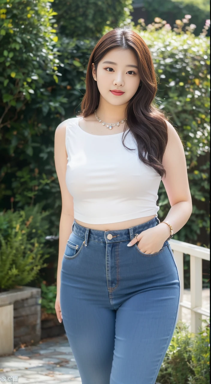 ((best quality)), ((masterpiece)), (detailed), perfect face, araffe woman in a long dark-blue shirt and blue denim skirt walking down a street, thicc, wavy short hair , she has a jiggly fat round belly, bbwchan, wearing tight simple clothes, skinny waist and thick hips, widest hips, her belly is fat and round, soft curvy shape, hyperrealistic full figure, wearing a cute top, wide hips, wearing 10 bracelet , wearing huge diamond necklace