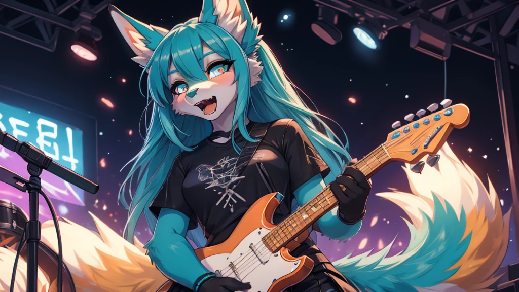 Miku Hatsune, add high definition_detail:1, blue fur,kitsune ears, tribal tattoo add_detail:1 cute high school clothes, pretty girl add_detail:3 18 year old girl, short black lycra, black metal t shirt, sensual look add_detail:3, hands, rock, sign, screaming add_detail:1, Playing an electric guitar on stage._detail:1, Sensual pose with guitar._detail