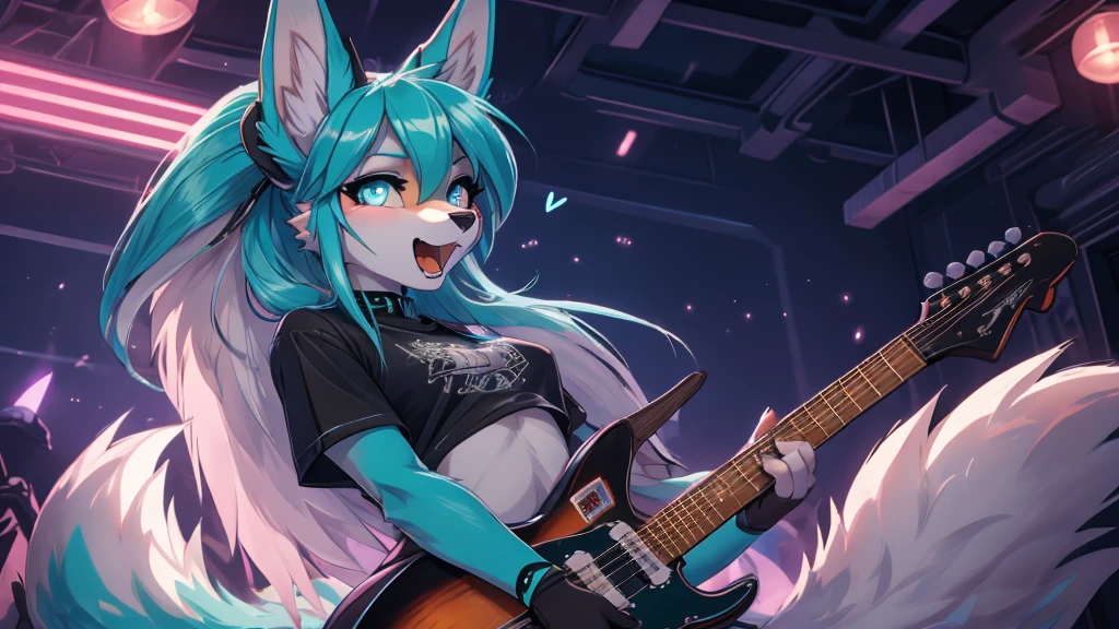 Miku Hatsune, add high definition_detail:1, blue fur,kitsune ears, tribal tattoo add_detail:1 cute high school clothes, pretty girl add_detail:3 18 year old girl, short black lycra, black metal t shirt, sensual look add_detail:3, hands, rock, sign, screaming add_detail:1, Playing an electric guitar on stage._detail:1, Sensual pose with guitar._detail 