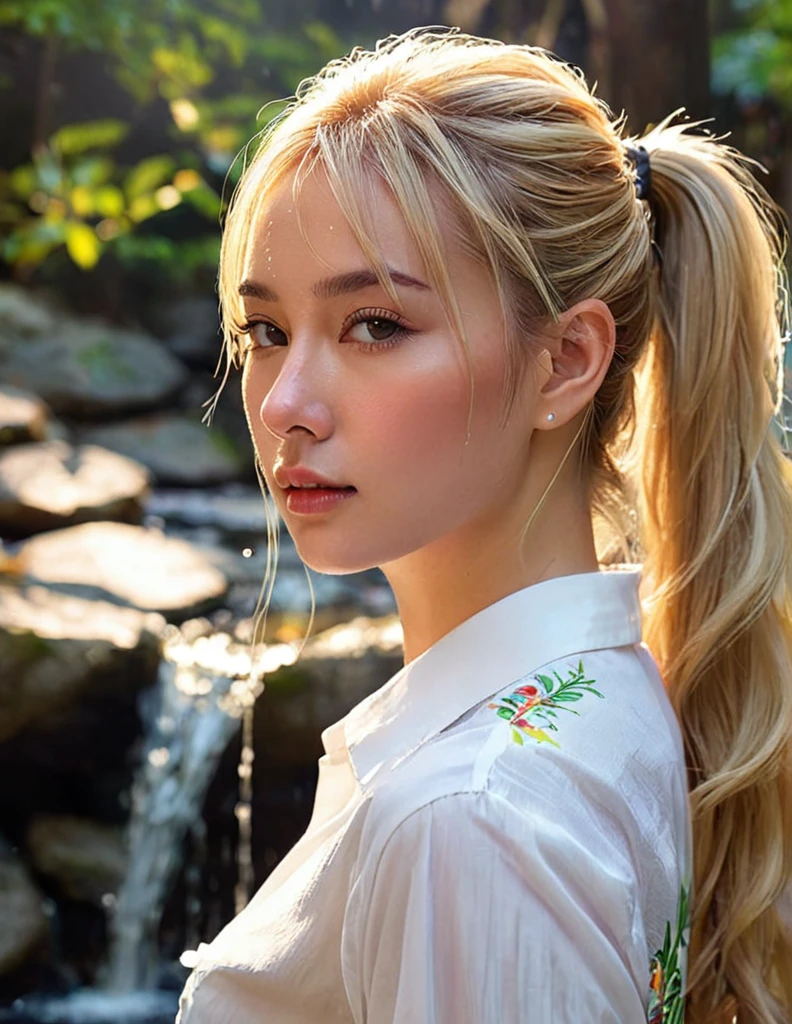 (masterpiece, top quality, best quality, ,ultra highres,8k, ,wallpaper, RAW, intricate details, sharp focus, natural lighting, realistic, professional, delicate, amazing finely detailed, Beautiful and beautiful:1.2), (1 girl:1.3),Very detailed,(rich and colorful:1.1),A beautiful woman, blonde hair ponytail style,white ligjt shirt,water fall , soak
