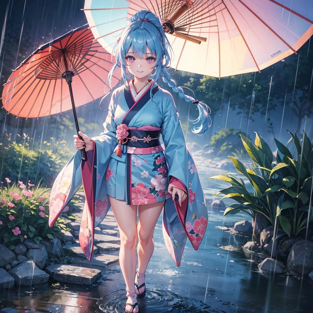 sky Blue hair, (braided ponytail),(pink eyes),fair skin ,(full body),(1 girl),smile,Straight Bangs,(masterpiece, best quality, ultra-detailed, best shadow), (detailed background), (beautiful detailed face), high contrast, (best illumination, an extremely delicate and beautiful), ((cinematic light)), colorful, hyper detail, dramatic light, intricate details,(rain shower),kyoto,big Japanese Umbrella,kimono,