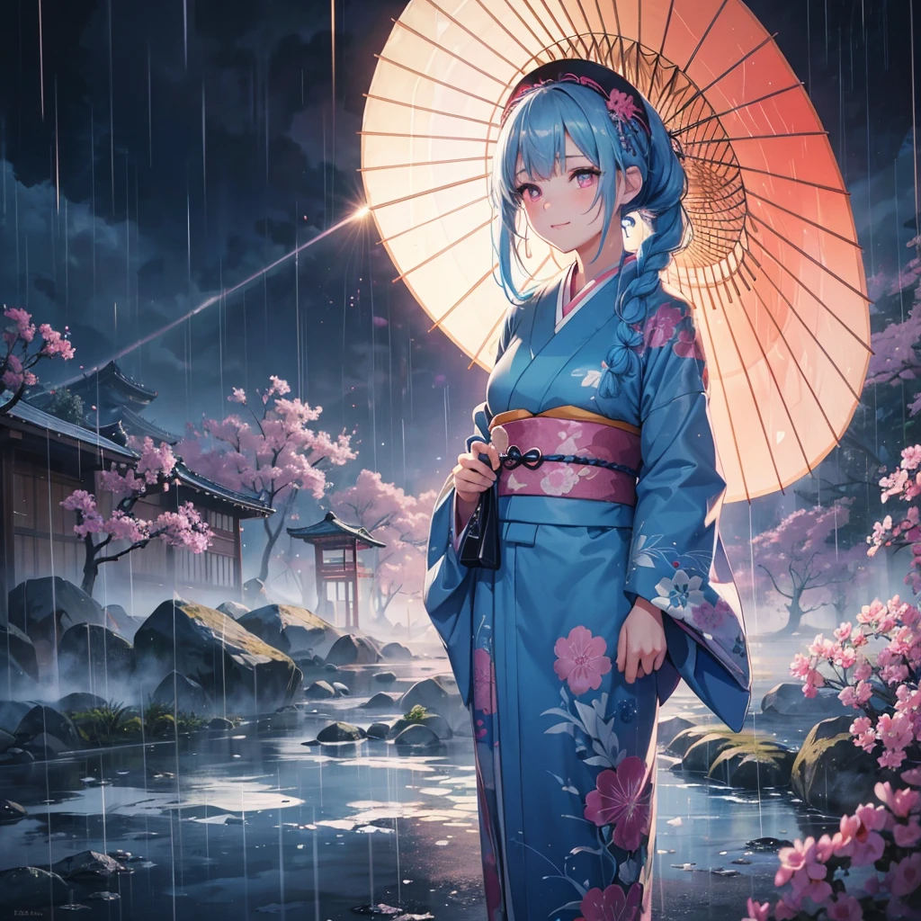 sky Blue hair, (braided ponytail),(pink eyes),fair skin ,(full body),(1 girl),smile,Straight Bangs,(masterpiece, best quality, ultra-detailed, best shadow), (detailed background), (beautiful detailed face), high contrast, (best illumination, an extremely delicate and beautiful), ((cinematic light)), colorful, hyper detail, dramatic light, intricate details,(rain shower),kyoto,big Japanese Umbrella,kimono,