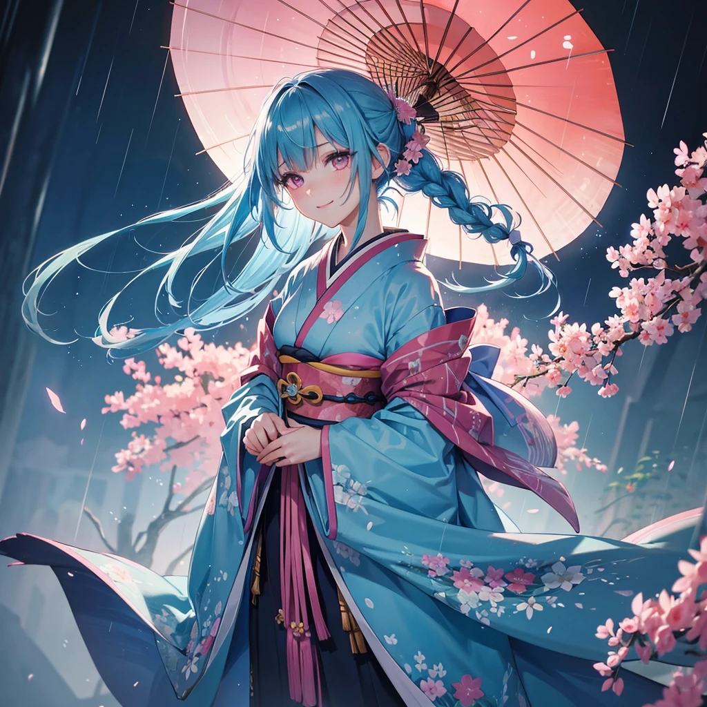 sky Blue hair, (braided ponytail),(pink eyes),fair skin ,(full body),(1 girl),smile,Straight Bangs,(masterpiece, best quality, ultra-detailed, best shadow), (detailed background), (beautiful detailed face), high contrast, (best illumination, an extremely delicate and beautiful), ((cinematic light)), colorful, hyper detail, dramatic light, intricate details,(rain shower),kyoto,big Japanese Umbrella,kimono,