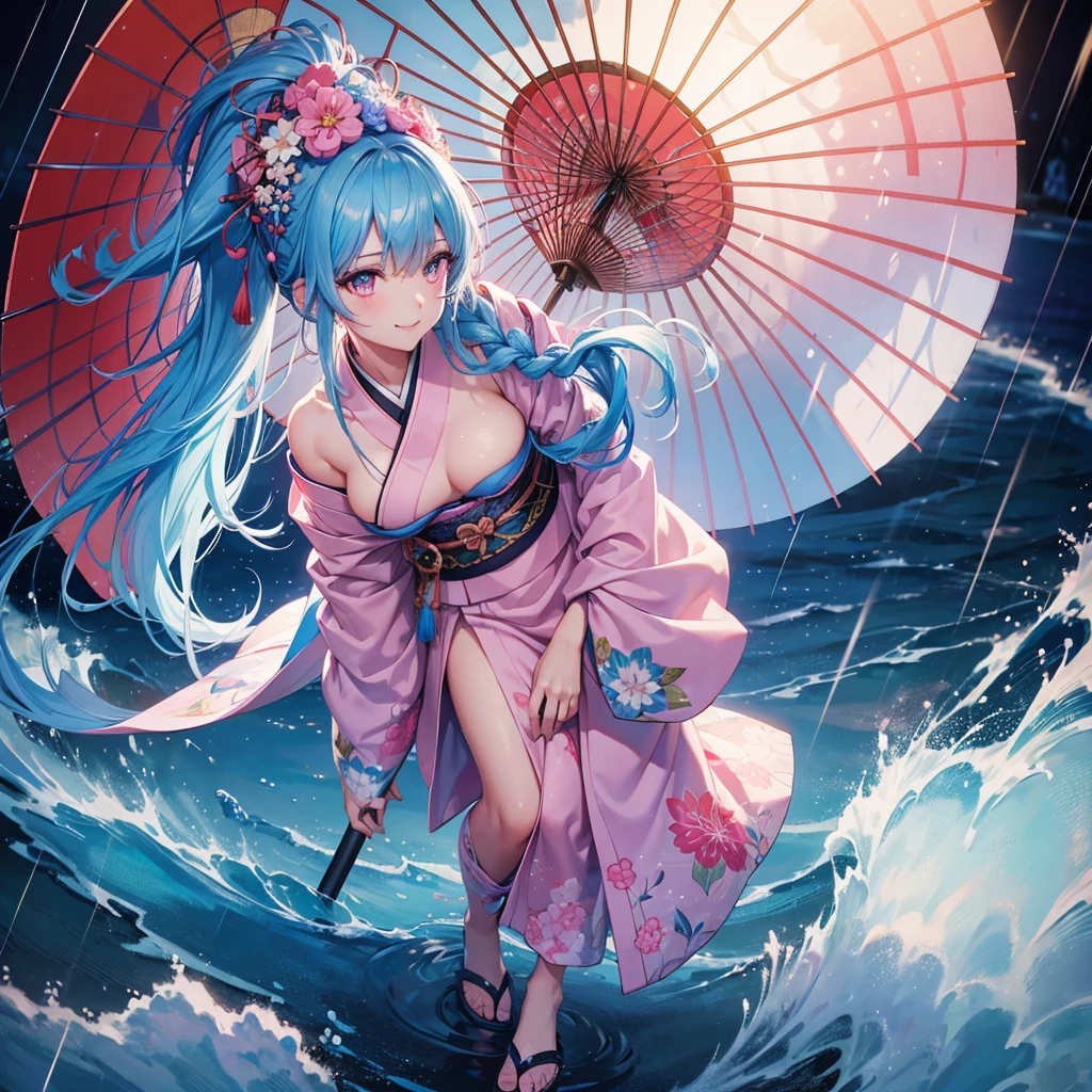 sky Blue hair, (braided ponytail),(pink eyes),fair skin ,(full body),(1 girl),smile,Straight Bangs,(masterpiece, best quality, ultra-detailed, best shadow), (detailed background), (beautiful detailed face), high contrast, (best illumination, an extremely delicate and beautiful), ((cinematic light)), colorful, hyper detail, dramatic light, intricate details,(rain shower),kyoto,big Japanese Umbrella,kimono,