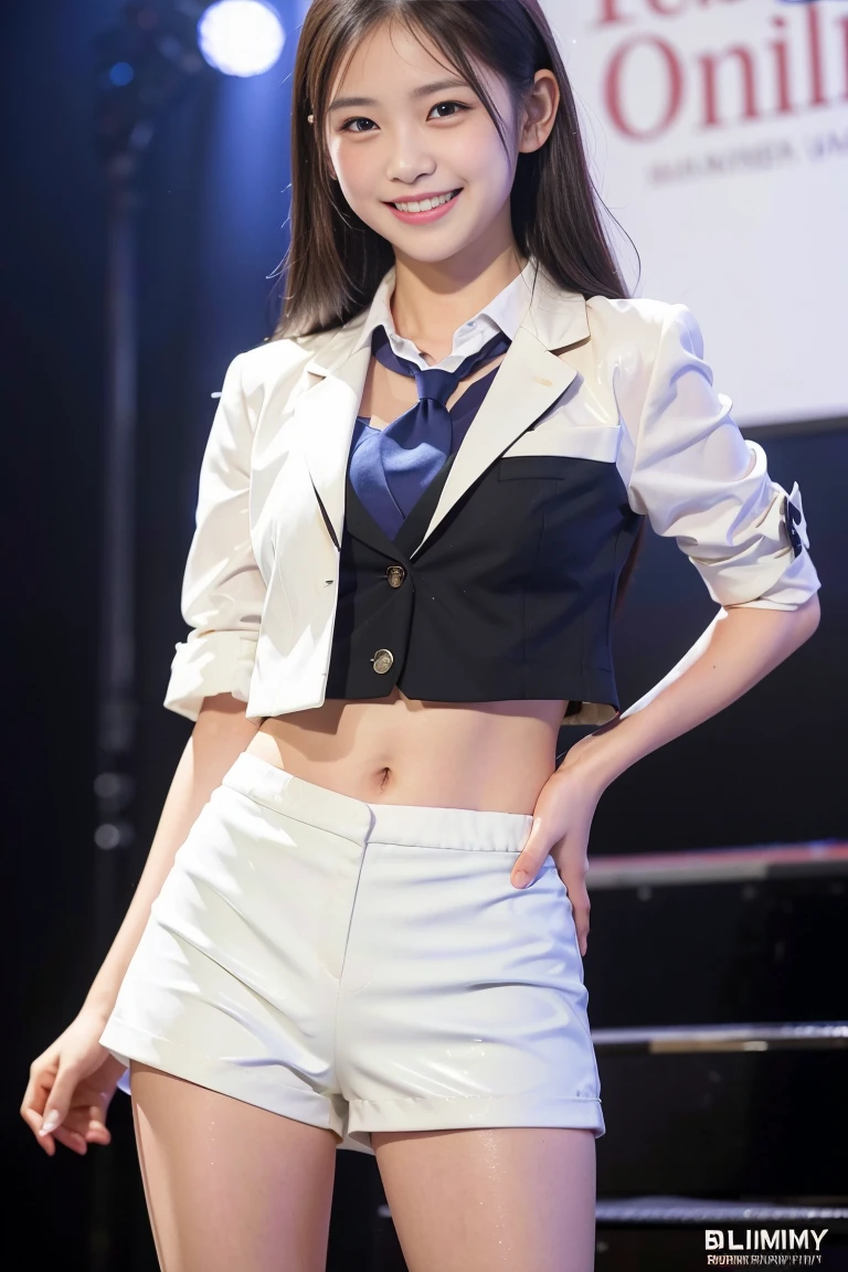 (8k), (highest quality: 1.2), (Realistic), (Realistic: 1.37), Ultra-high resolution, 1 girl, cute, (Embarrassed smile:1.4), (Blushing:1.4),Mouth closed, Beautiful details, Beautiful Nose, black straight Hair, Giant Dulcefo, pork, Thighs,Navel exposed,University Student Uniform,A simple blazer,(white super tiny hot pants:1.4),Dancing on the school stage,(Shiny legs:1.4),Medium Shot