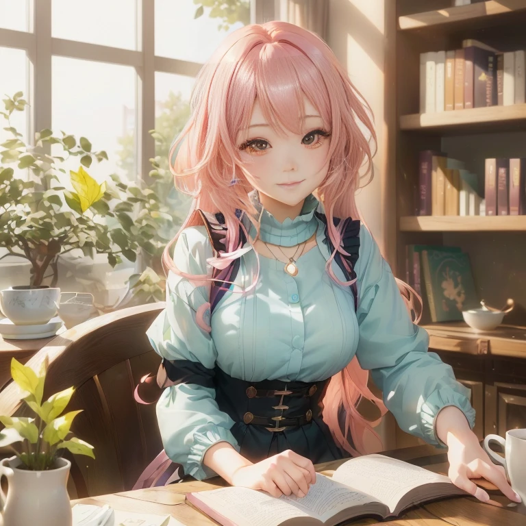 anime girl with pink hair sitting at a table with a book and a cup of coffee, smooth anime cg art, alchemist library background, anime visual of a cute girl, young anime girl, portrait of an anime girl, beautiful anime portrait, anime moe artstyle, marin kitagawa fanart, anime style 4 k, painted in anime painter studio, cunning smile