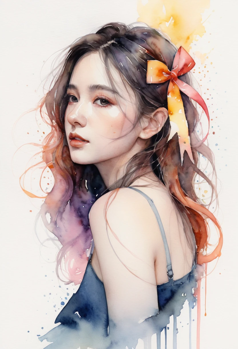 (8k, best quality, masterpiece:1.2),(best quality:1.0), (ultra highres:1.0), watercolor, a beautiful woman, shoulder, hair ribbons, by agnes cecile, half body portrait, extremely luminous bright design, pastel colors, (ink:1.3), autumn lights,
