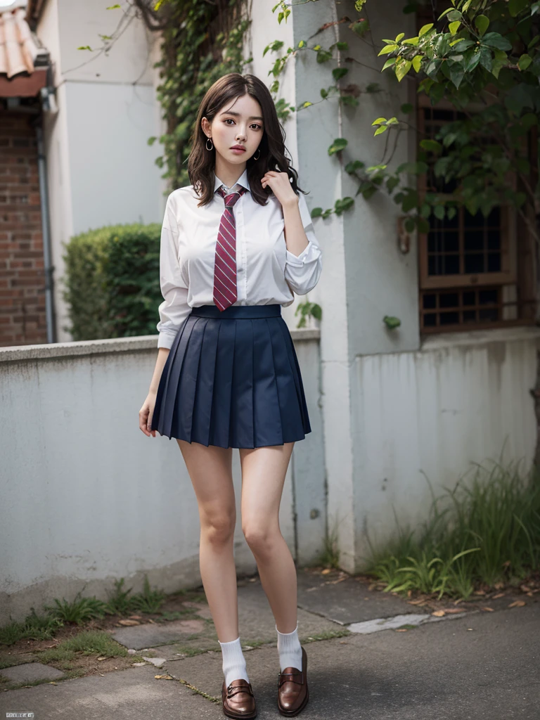 absurdres, RAW photo, extremely delicate and beautiful, masterpiece, Best Quality, ultra high resolution, 16k, hyperrealistic, ultra-detailed, perfect anatomy, super Detailed skin, perfect figure, Very detailed CG 8k wallpaper, in her 20s, very Slim body, narrow waist, very small head, very small face, delicate facial features, tearful mole, earring, thin legs, (very huge round breasts), (full body shot), bare legs, short hair, wavy hair, light brown hair, 1 girls, wet, ((school uniform)), blazer, skirt,