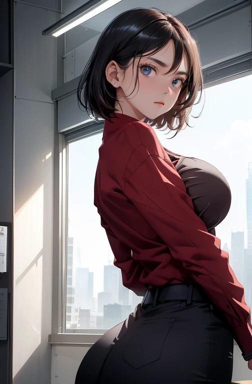 work of art, best qualityer, highest quallity, Perfect Anatomia, high resolution, ultra-detailed, 8 k wallpaper, texture, detail, unique, hdr, extremely detailed CG, Azuma Hisato, 1 girl, standing alone, whole body, standing, hypdertailed, maroon_body hair, bangss, maroon_eyeballs, 20 year, mature woman, gazing at viewer, ssmile, obscene face, (comely,big fit ass_breastsout:1.4), (comely_face:1.5),(narrow_waist), office clothes, Office uniform
