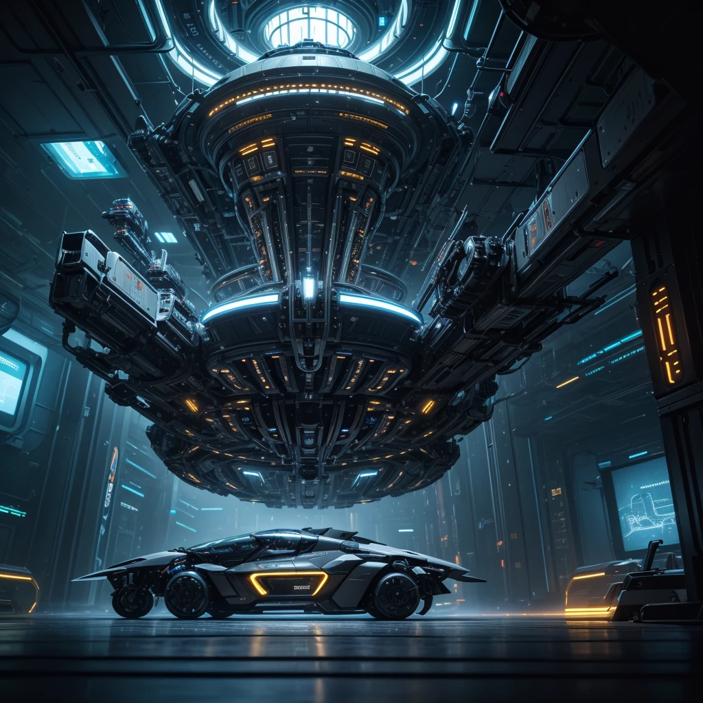 a futuristic spaceship, highly detailed, intricate mechanical parts, gleaming metal surfaces, glowing neon accents, advanced technology, complex control panels, sleek aerodynamic design, epic sci-fi scene, cinematic lighting, dramatic camera angle, photorealistic, 8k, hyper detailed, masterpiece