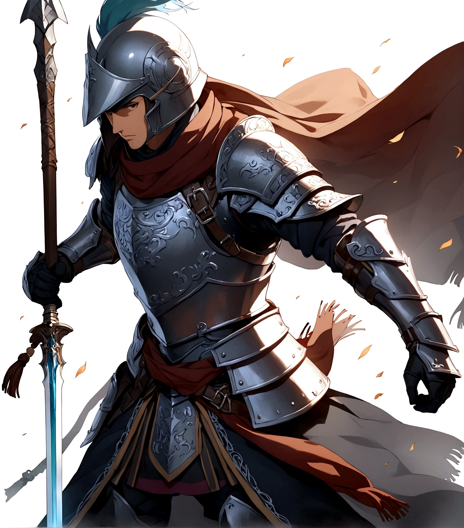 solo, 1boy, white background, weapon, male focus, sword, scarf, armor, helmet, polearm, spear